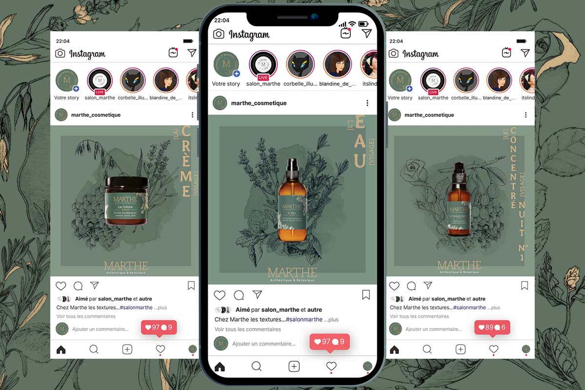 pages instagram marthe cosmetique avec motifs floraux en arrière-plan