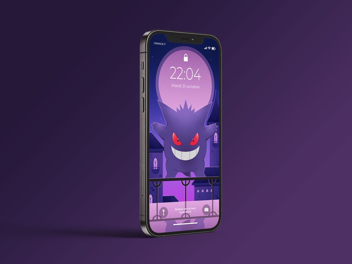 iphone sur fond violet avec fond d'écran ectoplasma