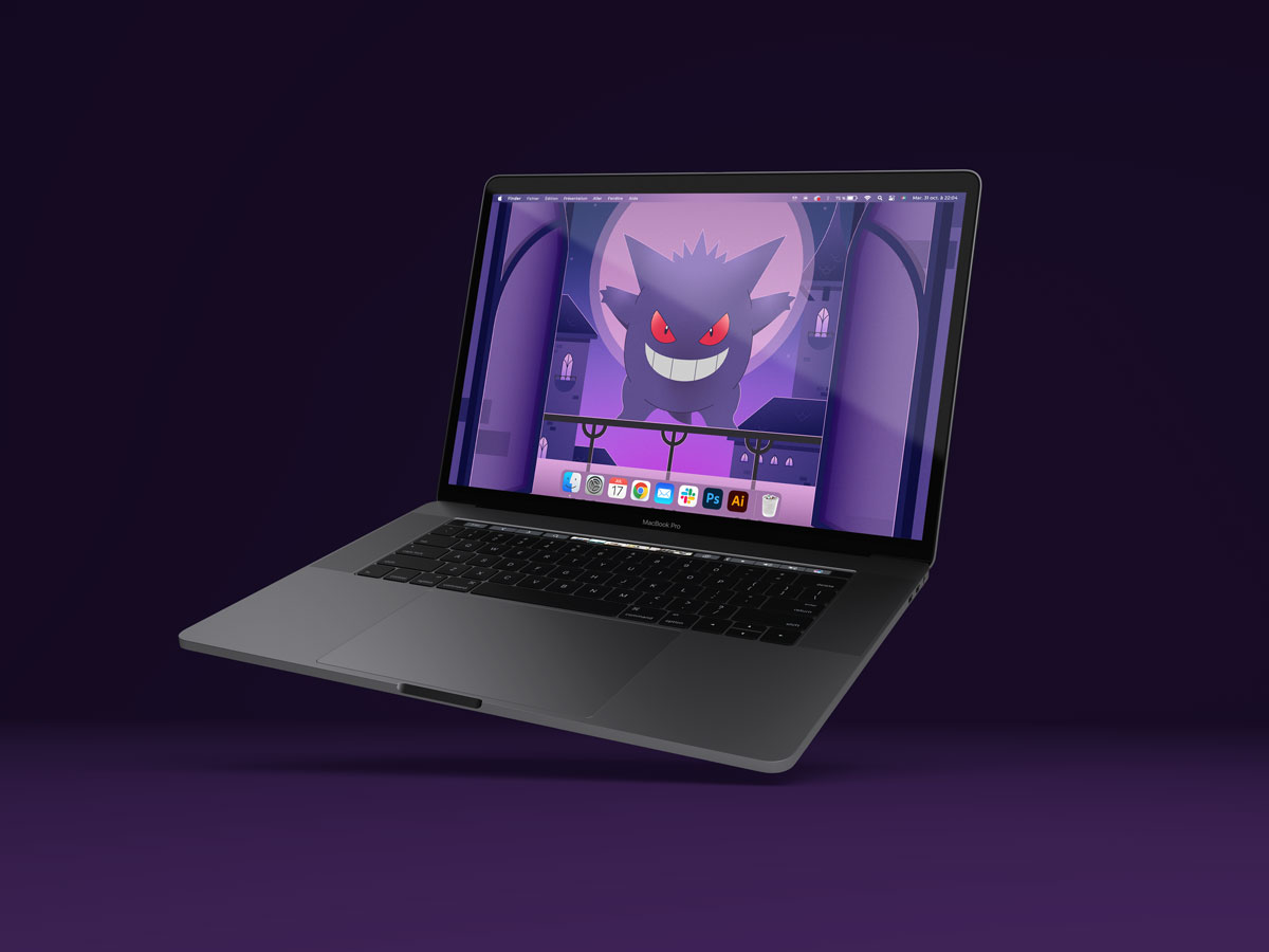 Macbook avec fond violet et fond d'écran ectoplamsa